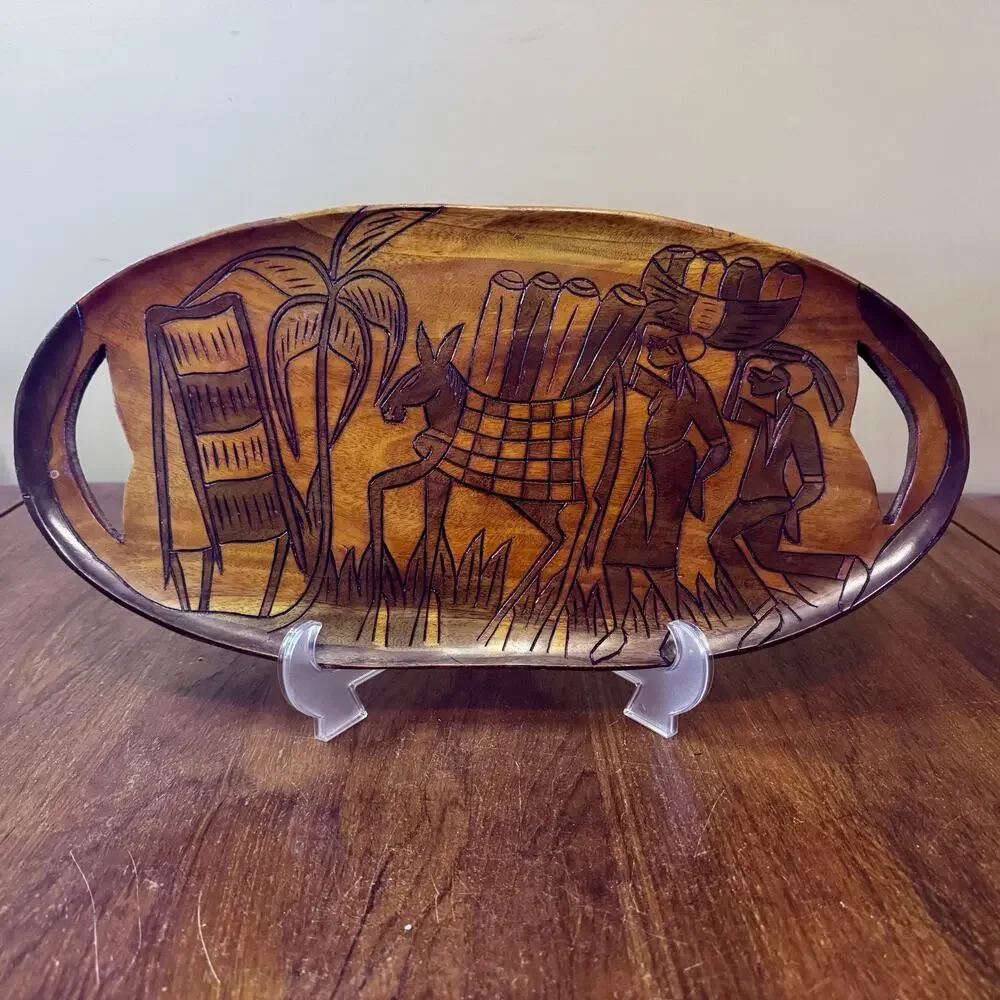 Hand Carved Haitian Wooden Serving Tray African Scene Donkey Figures Vintage 20”